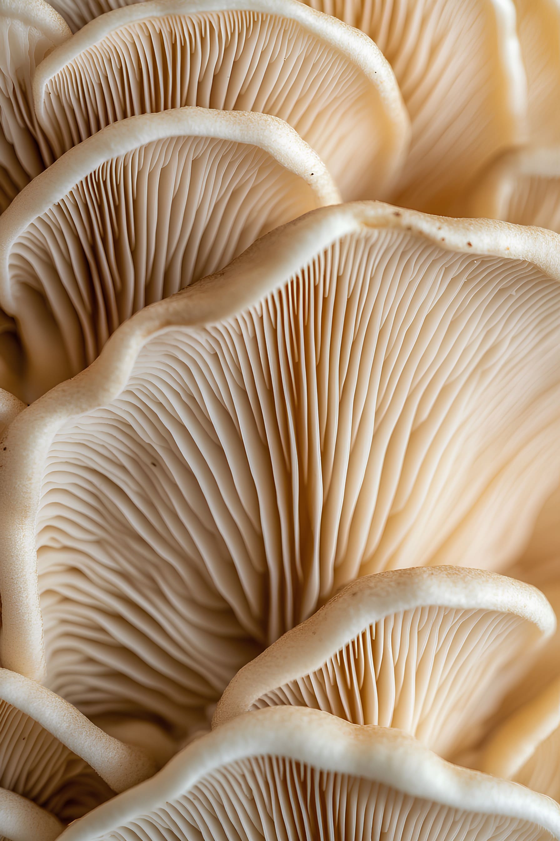 Close-up of beige oyster mushroom gills with delicate, layered texture.